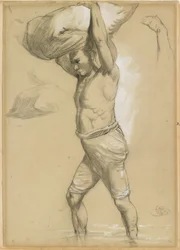 Mies kantamassa nippua, 1870-80-luku (musta liitu tai hiili korostettu valkoisella)